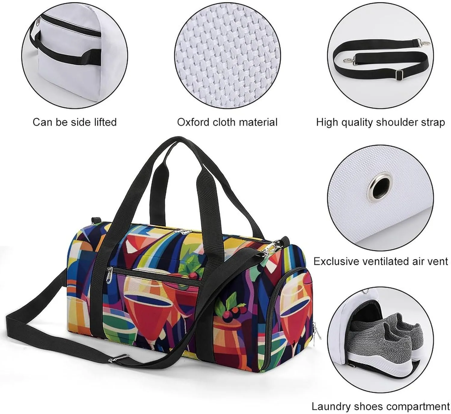 Wine Bottles And Cocktails Fitness Large Gym Bag for Unisex with Shoe Compartment & Wet Pocket