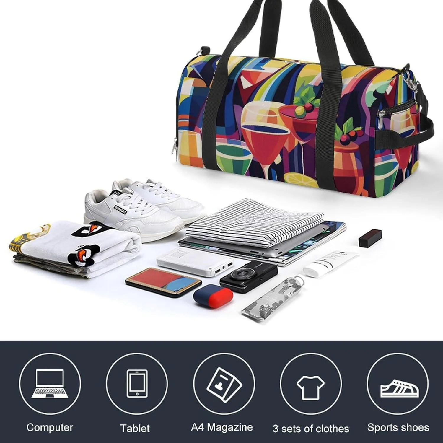 Wine Bottles And Cocktails Fitness Large Gym Bag for Unisex with Shoe Compartment & Wet Pocket