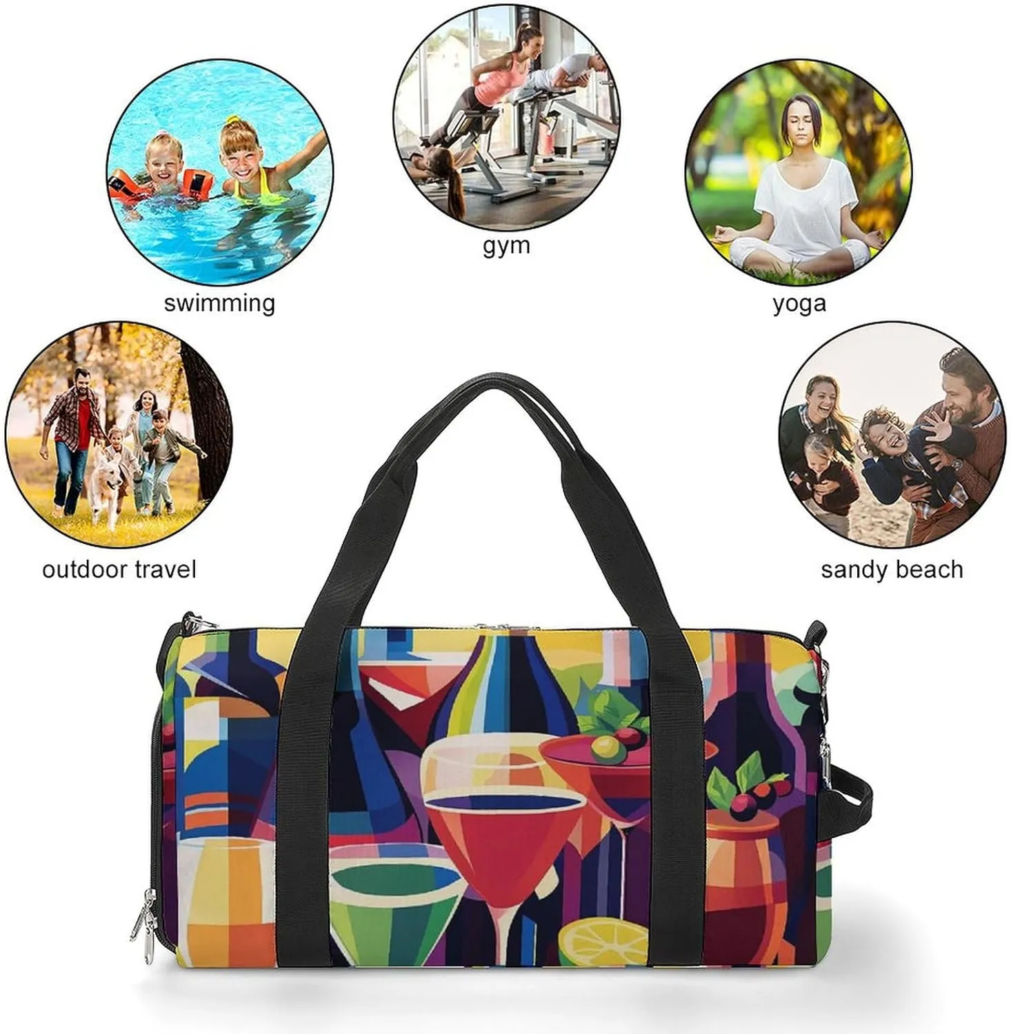 Wine Bottles And Cocktails Fitness Large Gym Bag for Unisex with Shoe Compartment & Wet Pocket