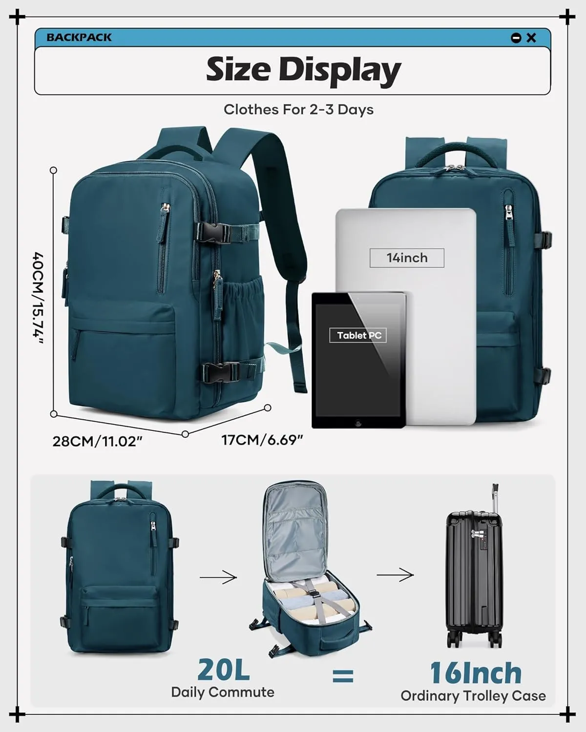 winspansy Carry on Travel Backpack for Women Men Lightweight Business Gym Laptop Work Backpack Airport Frontier Airlines Personal Item Bag Flight Approved Mochilas de Viaje Peacock Blue