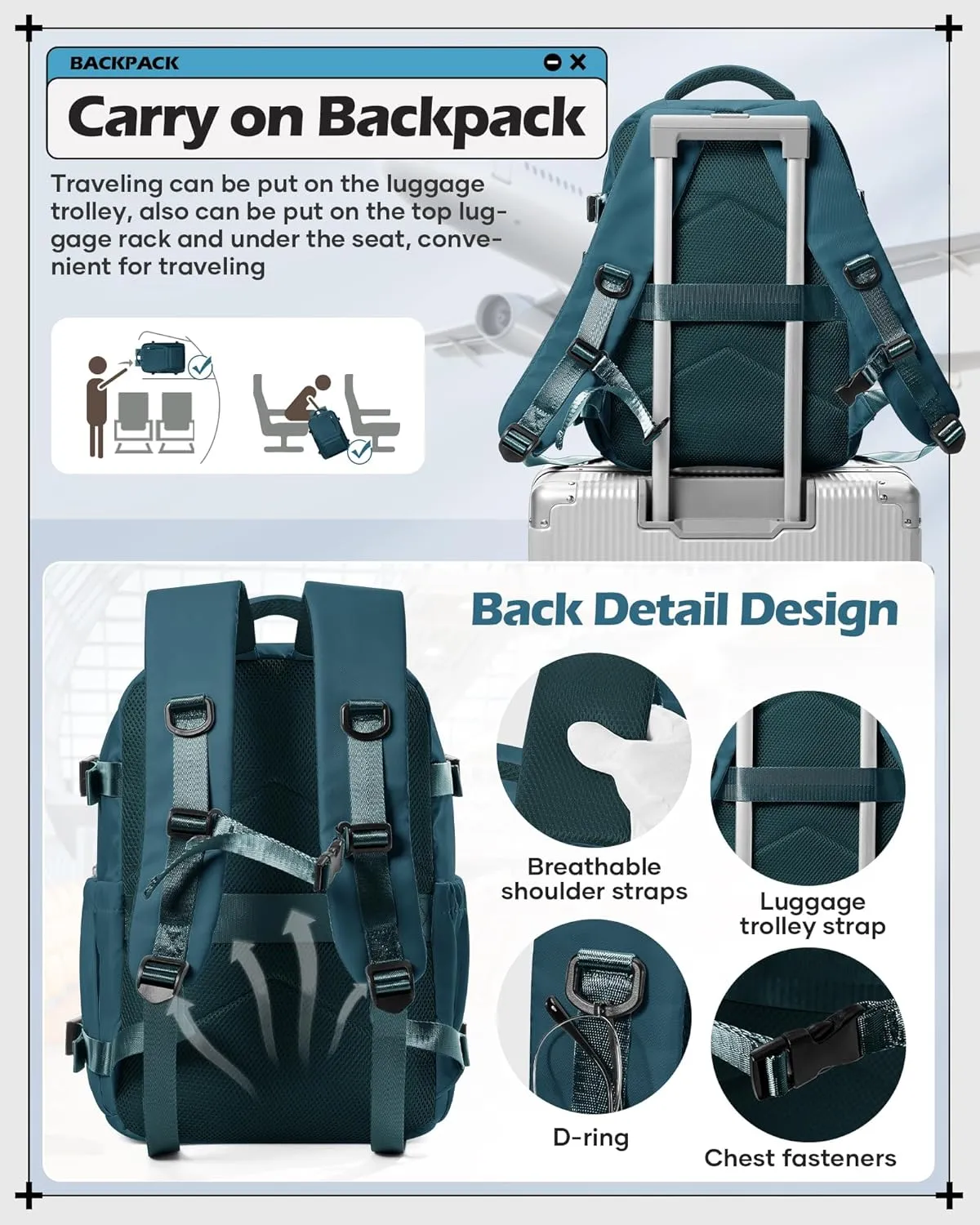 winspansy Carry on Travel Backpack for Women Men Lightweight Business Gym Laptop Work Backpack Airport Frontier Airlines Personal Item Bag Flight Approved Mochilas de Viaje Peacock Blue