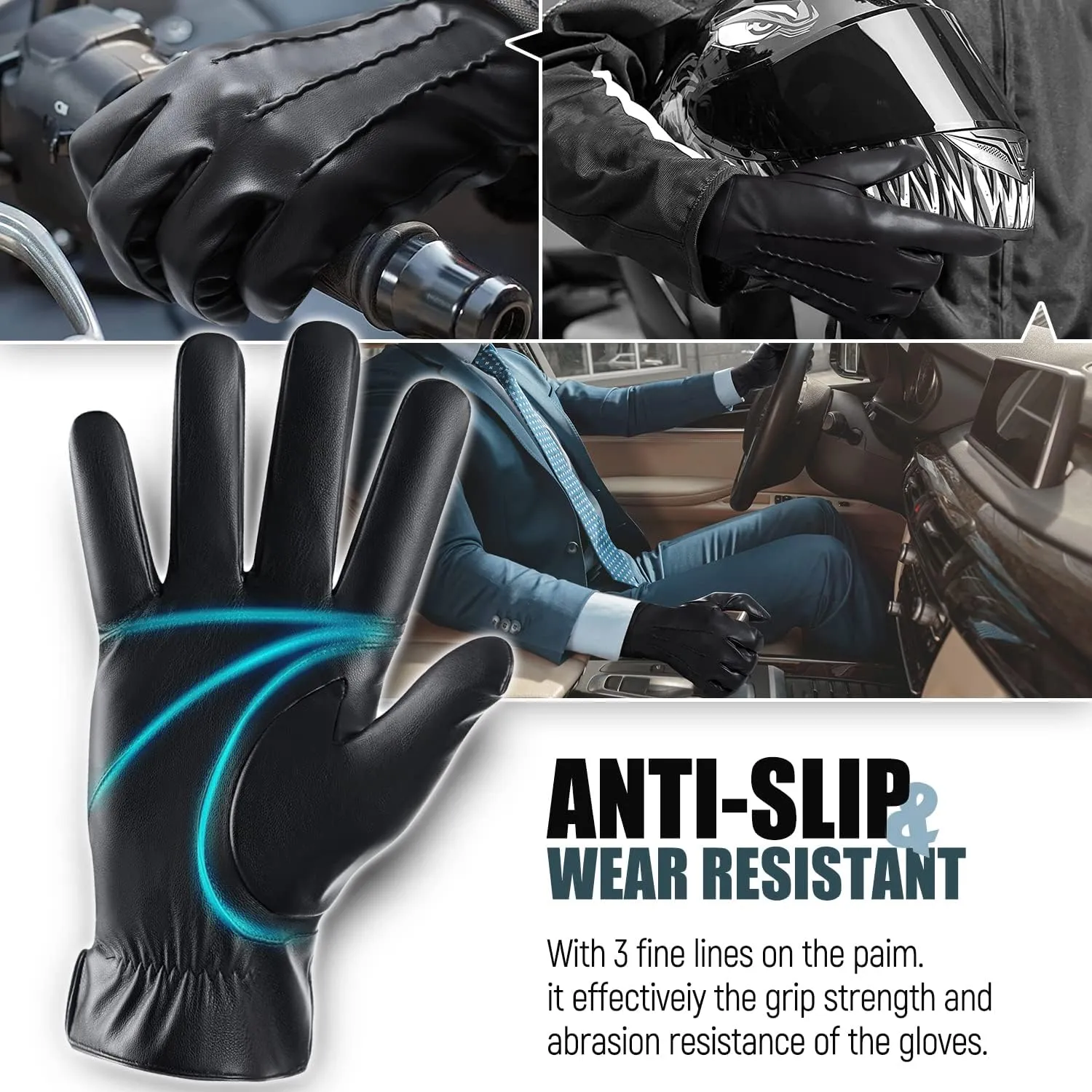 Winter Leather Gloves for Men,Touchscreen Snow Driving Gloves with Cashmere Lining for Motorcycle Driving Riding…