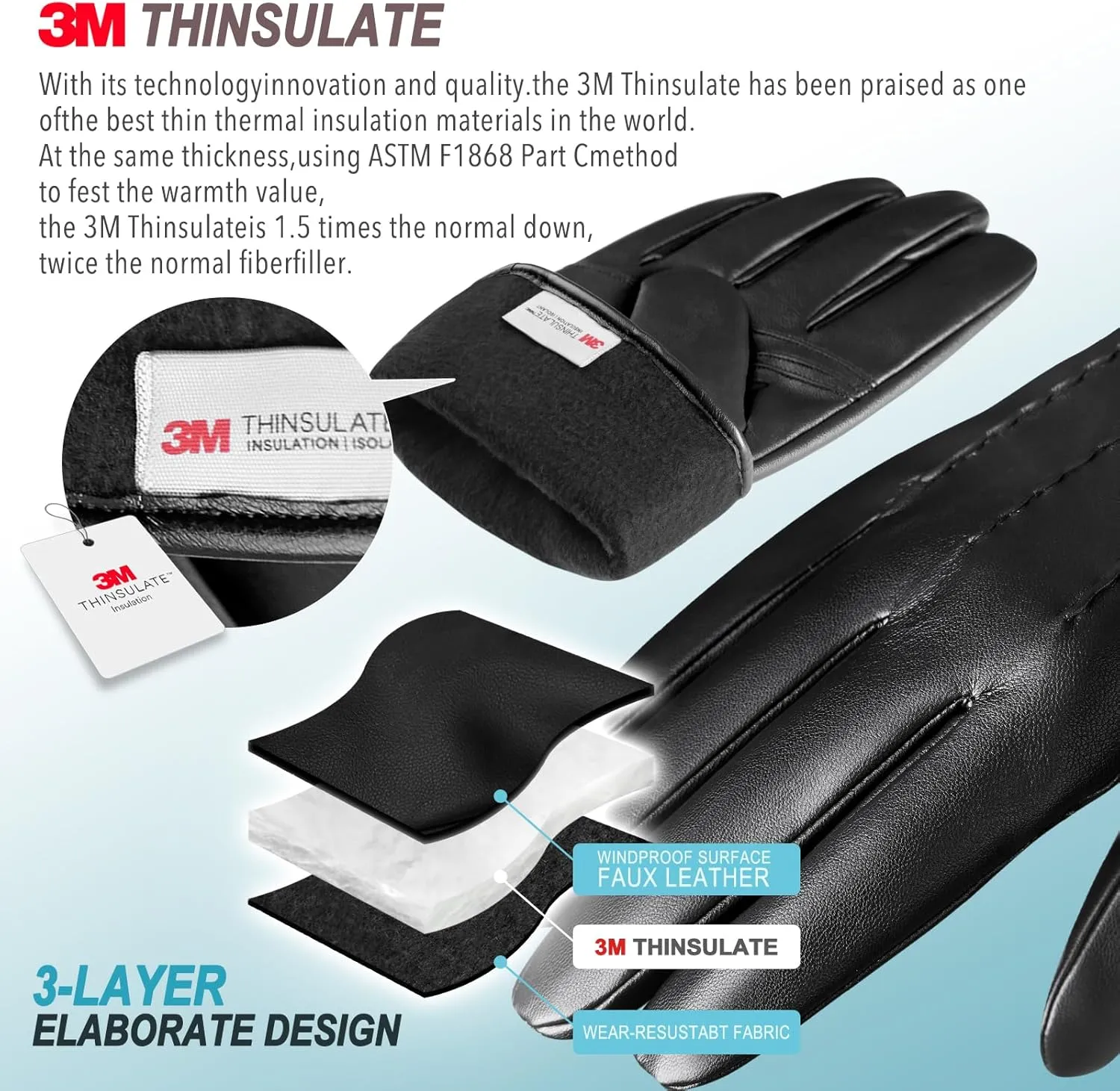 Winter Leather Gloves for Men,Touchscreen Snow Driving Gloves with Cashmere Lining for Motorcycle Driving Riding…