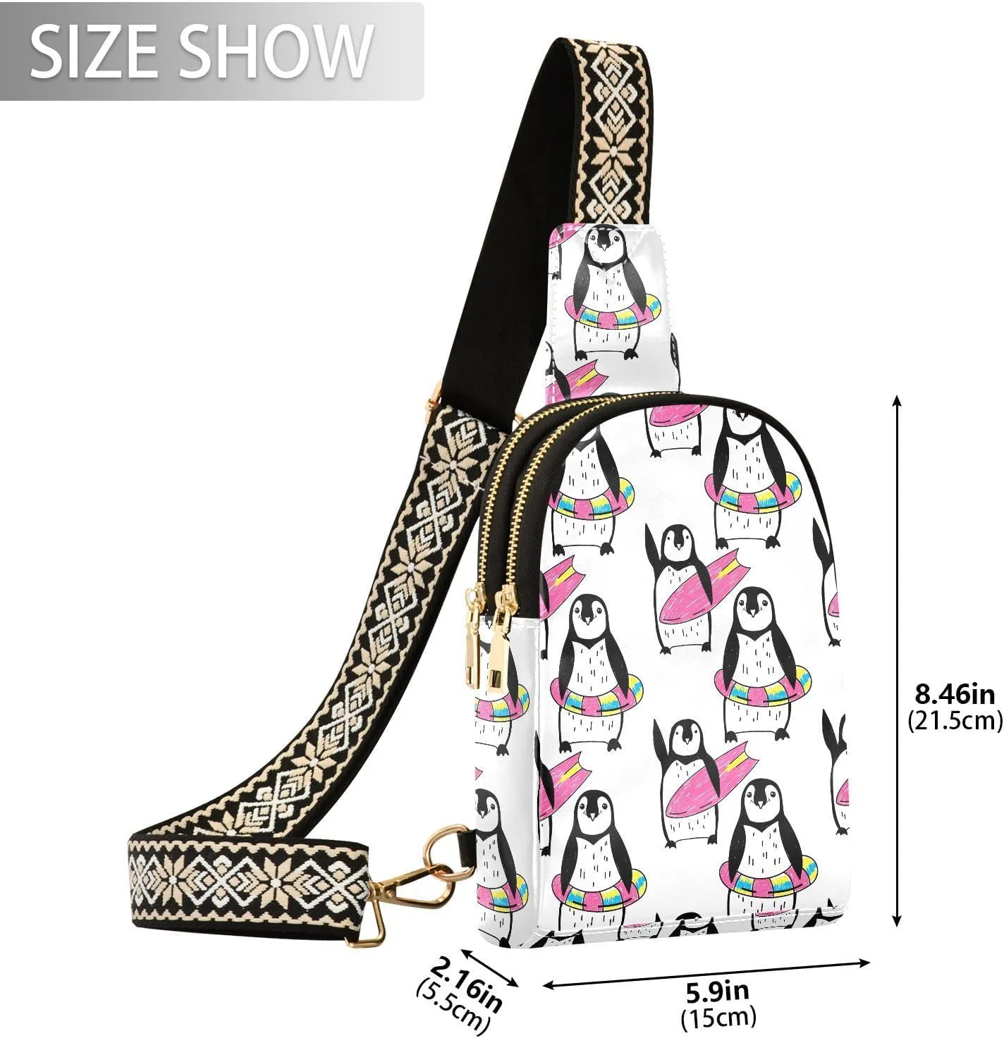Winter Penguin Surfing Trendy Crossbody Bag Fashion Waist Packs Funny Animals Cross Body Leather Chest Bag for Women Fanny Pack Travel Outdoor Crossbody Sling Bag
