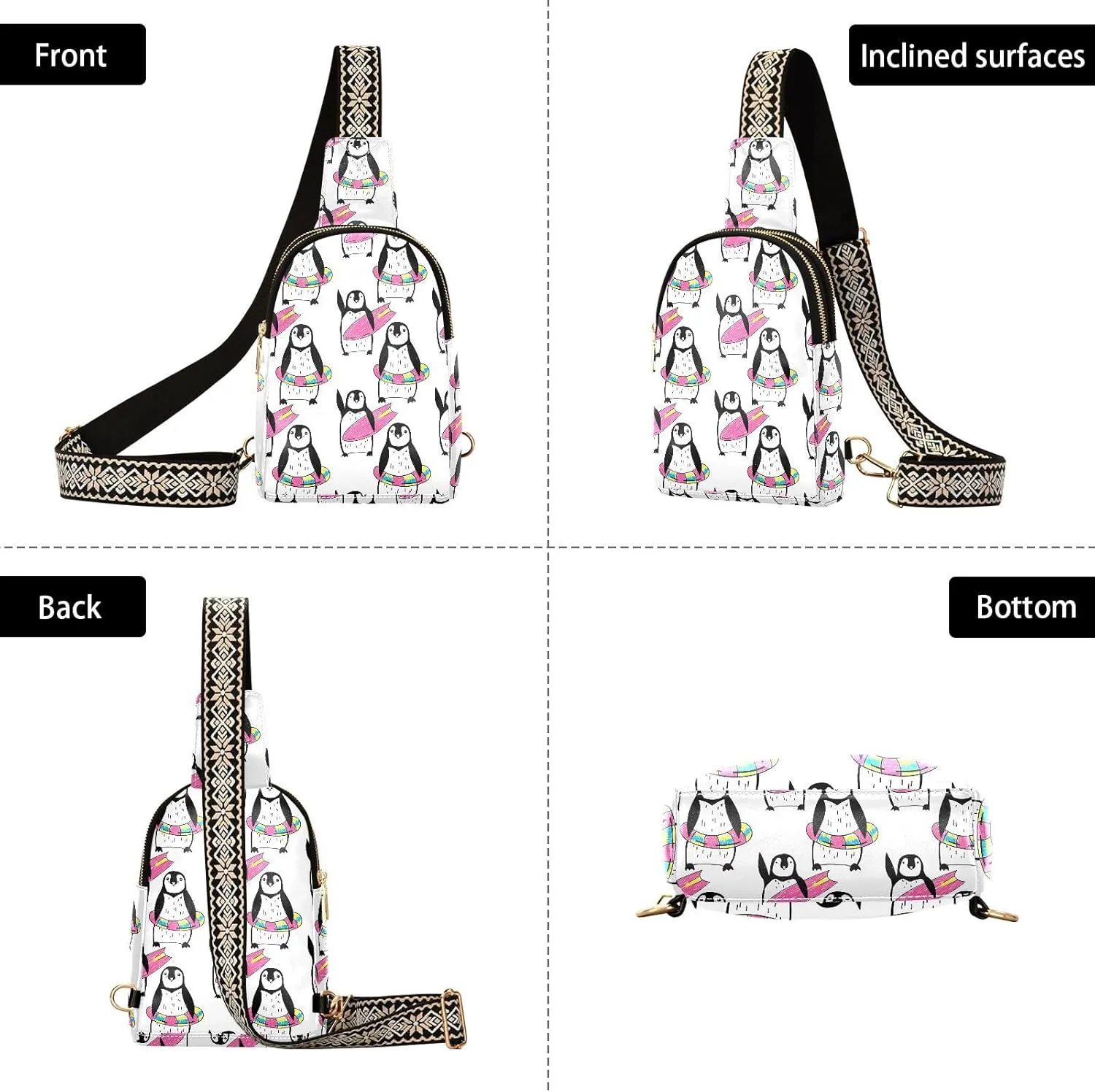 Winter Penguin Surfing Trendy Crossbody Bag Fashion Waist Packs Funny Animals Cross Body Leather Chest Bag for Women Fanny Pack Travel Outdoor Crossbody Sling Bag