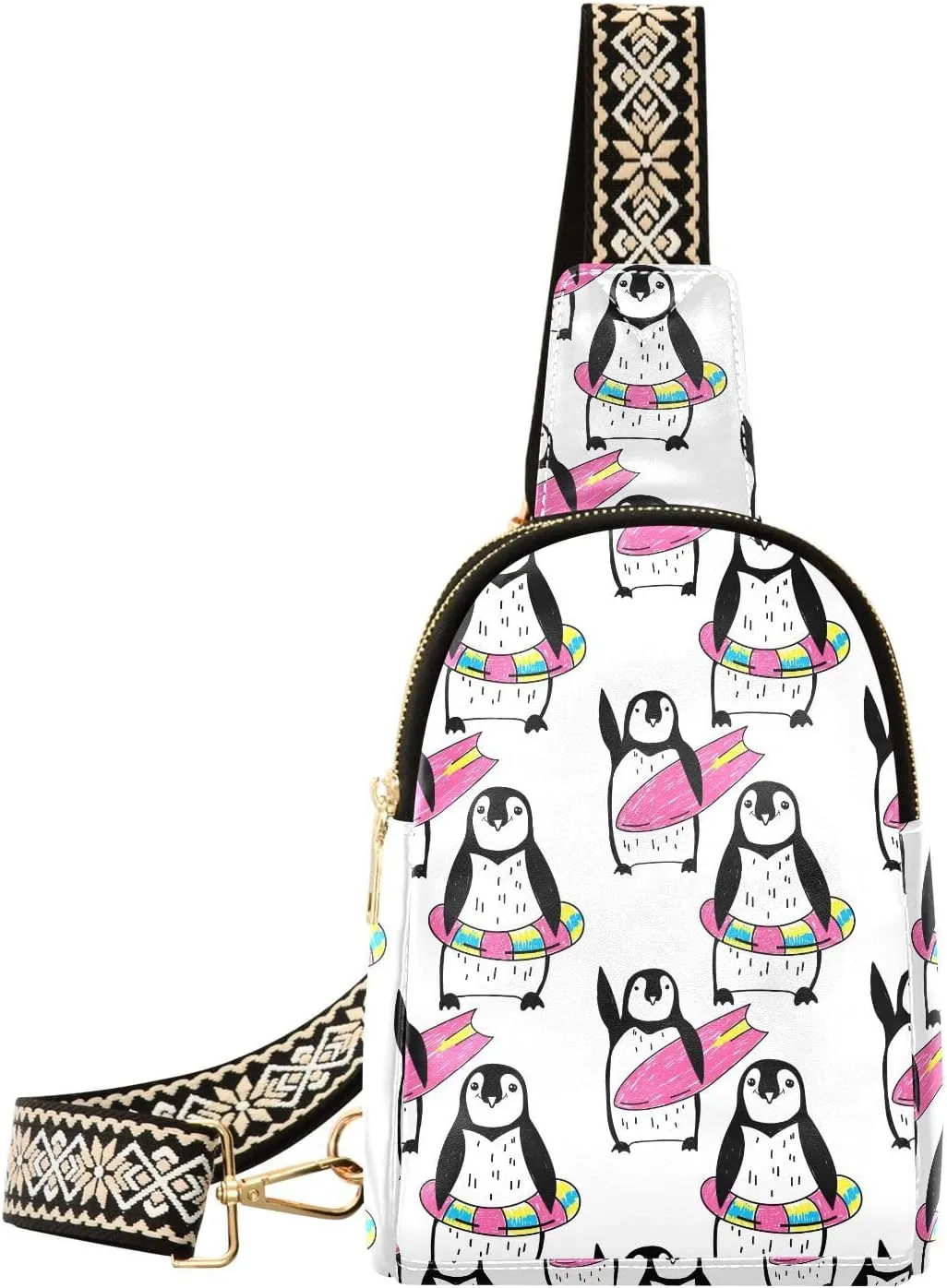 Winter Penguin Surfing Trendy Crossbody Bag Fashion Waist Packs Funny Animals Cross Body Leather Chest Bag for Women Fanny Pack Travel Outdoor Crossbody Sling Bag