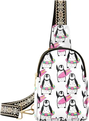 Winter Penguin Surfing Trendy Crossbody Bag Fashion Waist Packs Funny Animals Cross Body Leather Chest Bag for Women Fanny Pack Travel Outdoor Crossbody Sling Bag