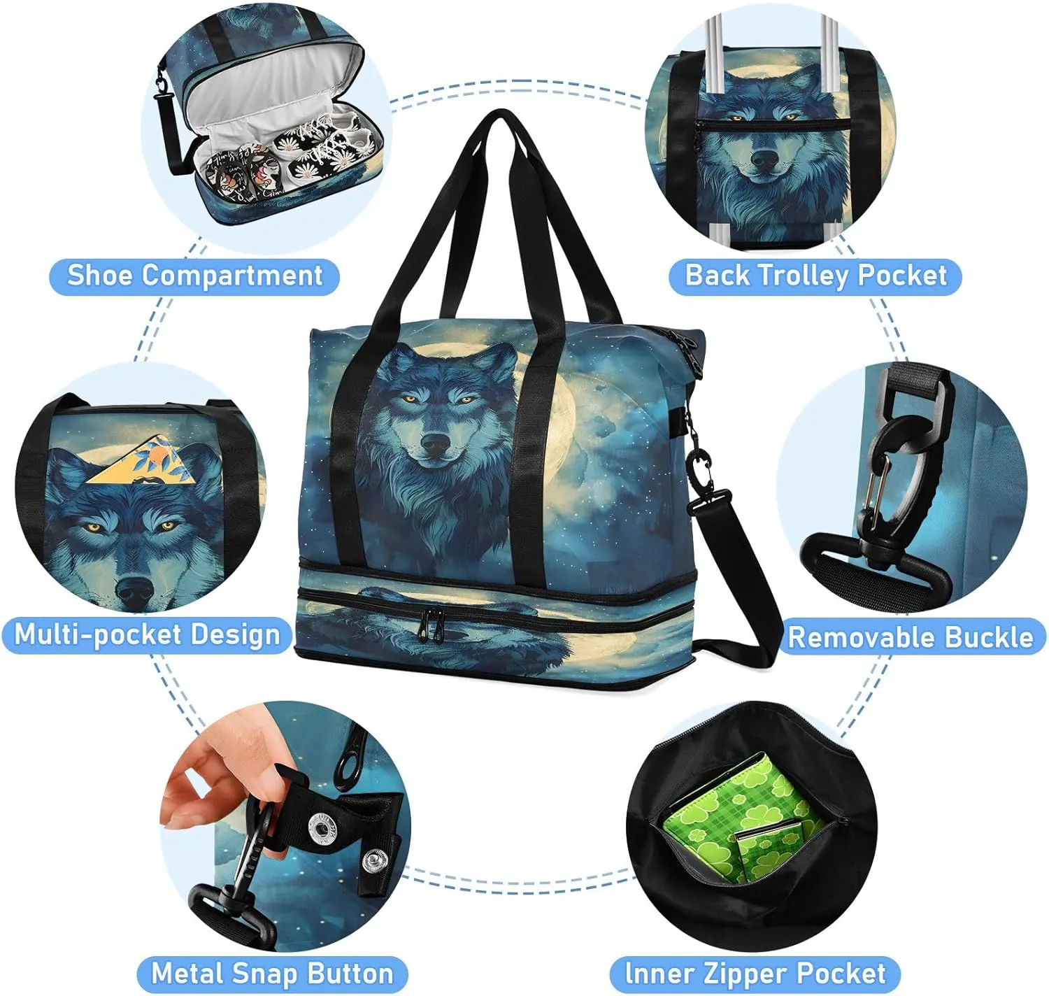 Wolf Moon Night Travel Duffel Bag Waterproof Gym Sport Tote Bag Carry On Weekender Bag with Compartment