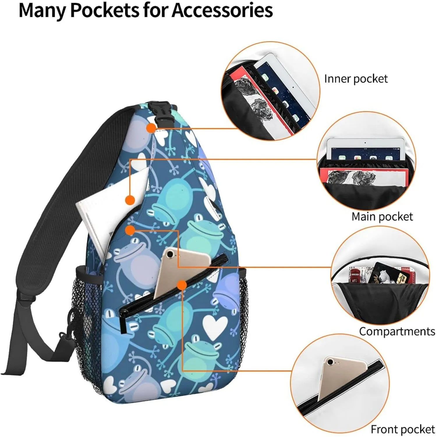 Women Cartoon Frog Colorful Crossbody Sling Backpack for Men Chest Bag Shoulder Bag Lightweight One Strap Backpack Travel Outdoor Daypack