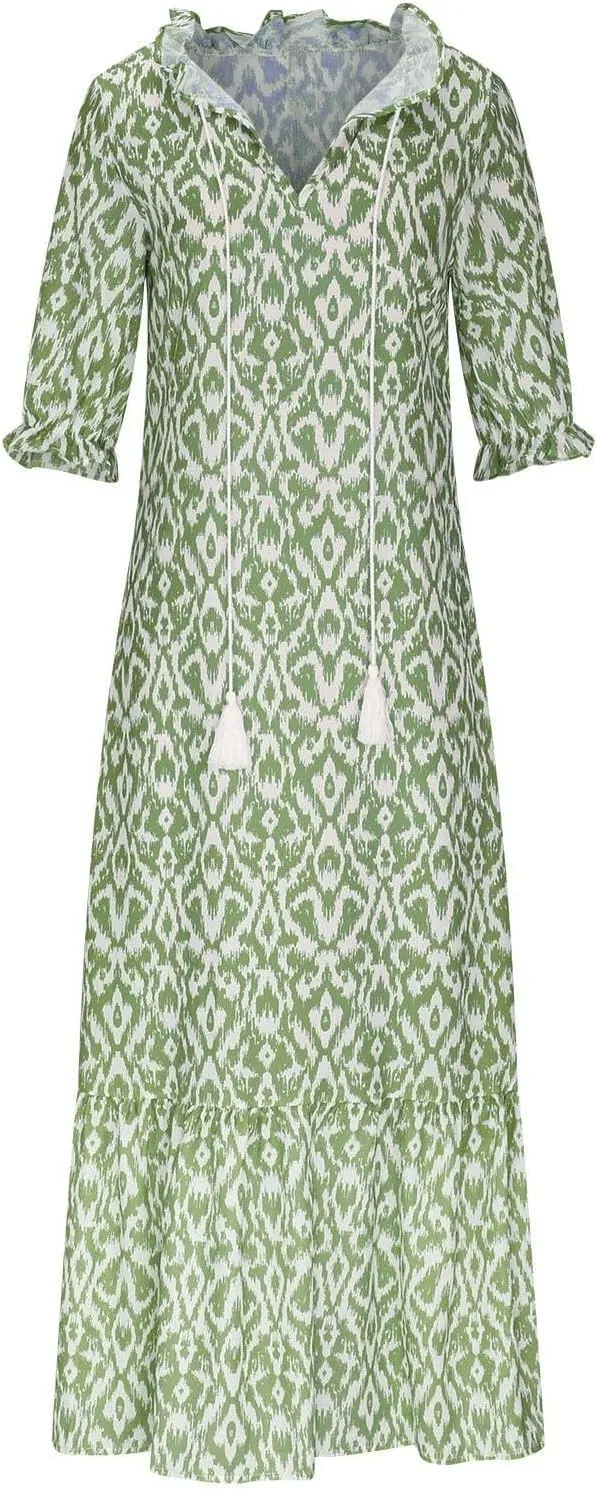 Women Elbow Sleeve V Neck Maxi Dress Fashion Grahpic Design Long Dresses Vintage A Line Casual Sundress