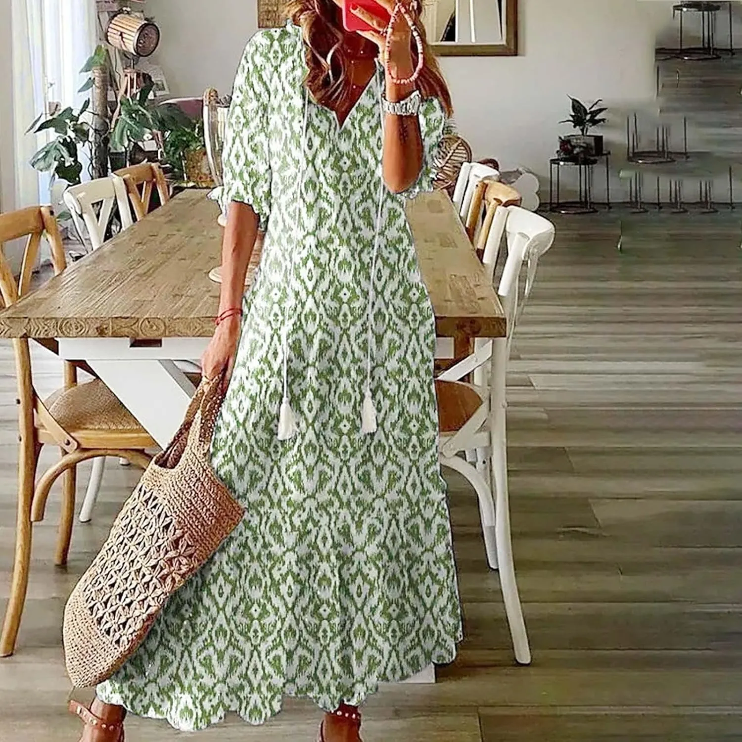 Women Elbow Sleeve V Neck Maxi Dress Fashion Grahpic Design Long Dresses Vintage A Line Casual Sundress