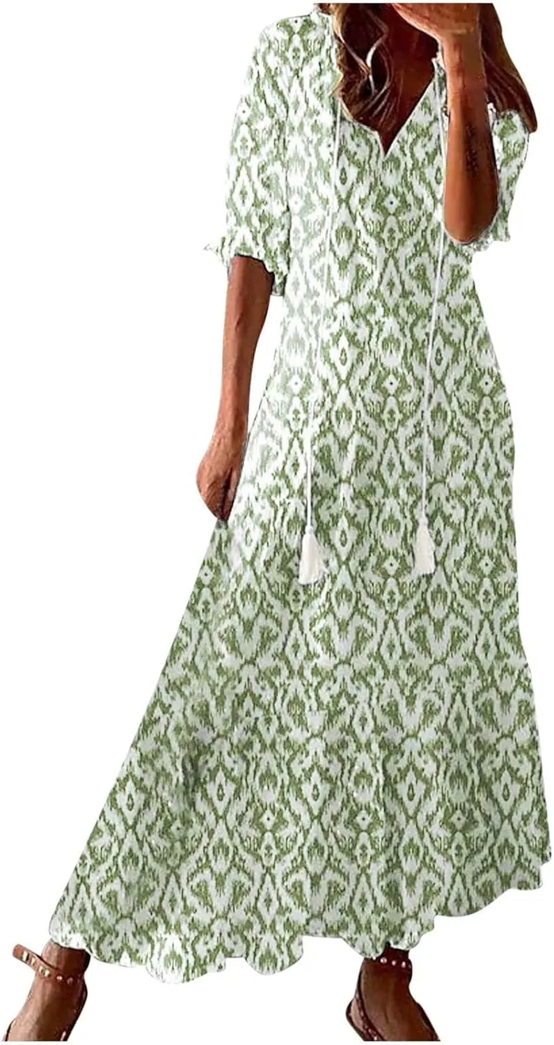 Women Elbow Sleeve V Neck Maxi Dress Fashion Grahpic Design Long Dresses Vintage A Line Casual Sundress