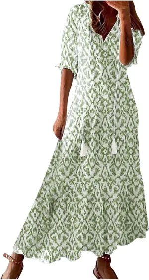 Women Elbow Sleeve V Neck Maxi Dress Fashion Grahpic Design Long Dresses Vintage A Line Casual Sundress