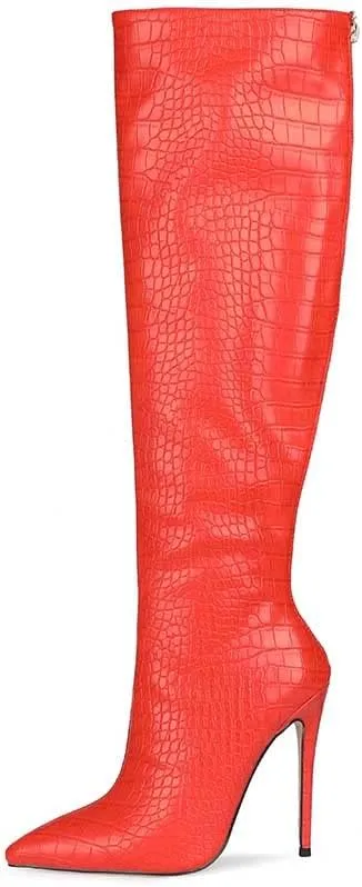 Women Fancy Printed Knee High Boot Embossed Pointed Toe Mid Calf Dress Shoes High Stiletto Heel Boots