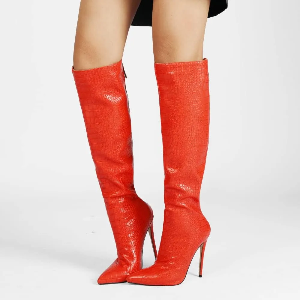 Women Fancy Printed Knee High Boot Embossed Pointed Toe Mid Calf Dress Shoes High Stiletto Heel Boots