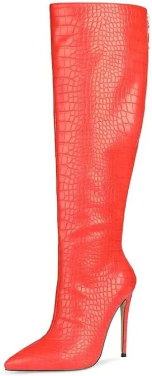 Women Fancy Printed Knee High Boot Embossed Pointed Toe Mid Calf Dress Shoes High Stiletto Heel Boots