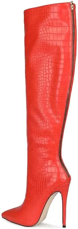 Women Fancy Printed Knee High Boot Embossed Pointed Toe Mid Calf Dress Shoes High Stiletto Heel Boots