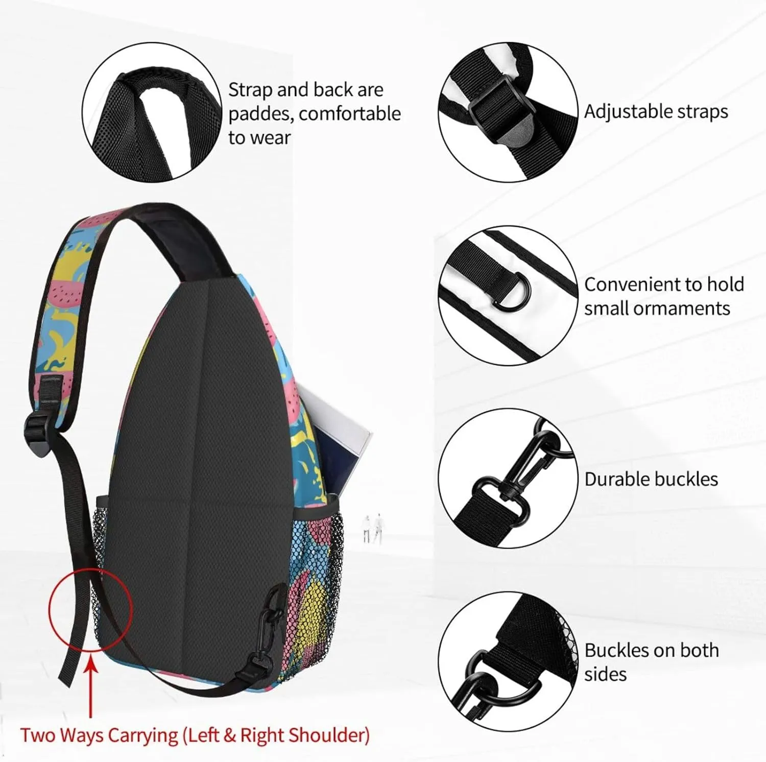 Women Juicy Watermelon Colors Leaves Crossbody Sling Backpack for Men Chest Bag Shoulder Bag Lightweight One Strap Backpack Travel Outdoor Daypack
