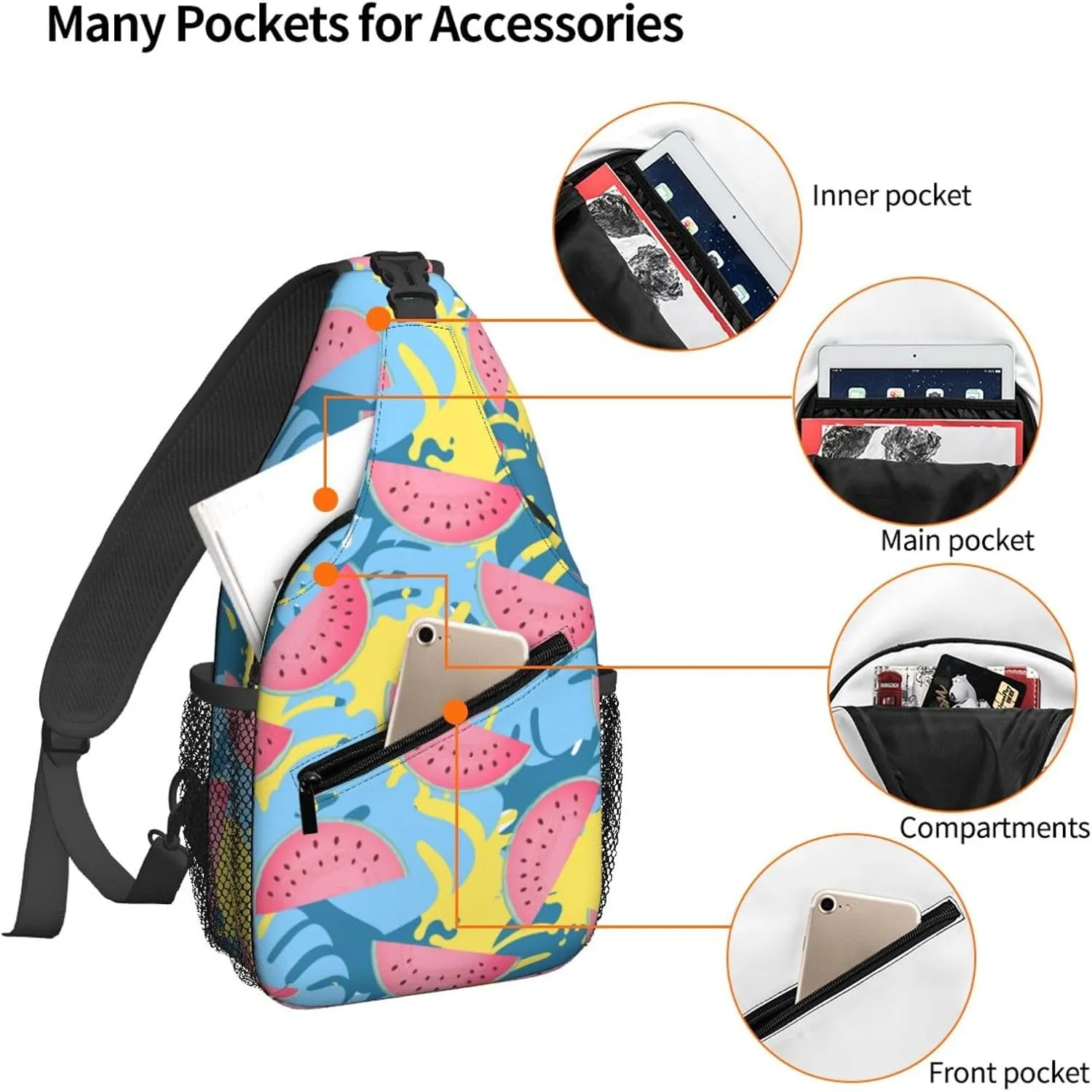 Women Juicy Watermelon Colors Leaves Crossbody Sling Backpack for Men Chest Bag Shoulder Bag Lightweight One Strap Backpack Travel Outdoor Daypack