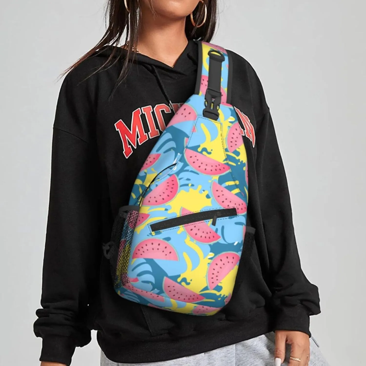 Women Juicy Watermelon Colors Leaves Crossbody Sling Backpack for Men Chest Bag Shoulder Bag Lightweight One Strap Backpack Travel Outdoor Daypack