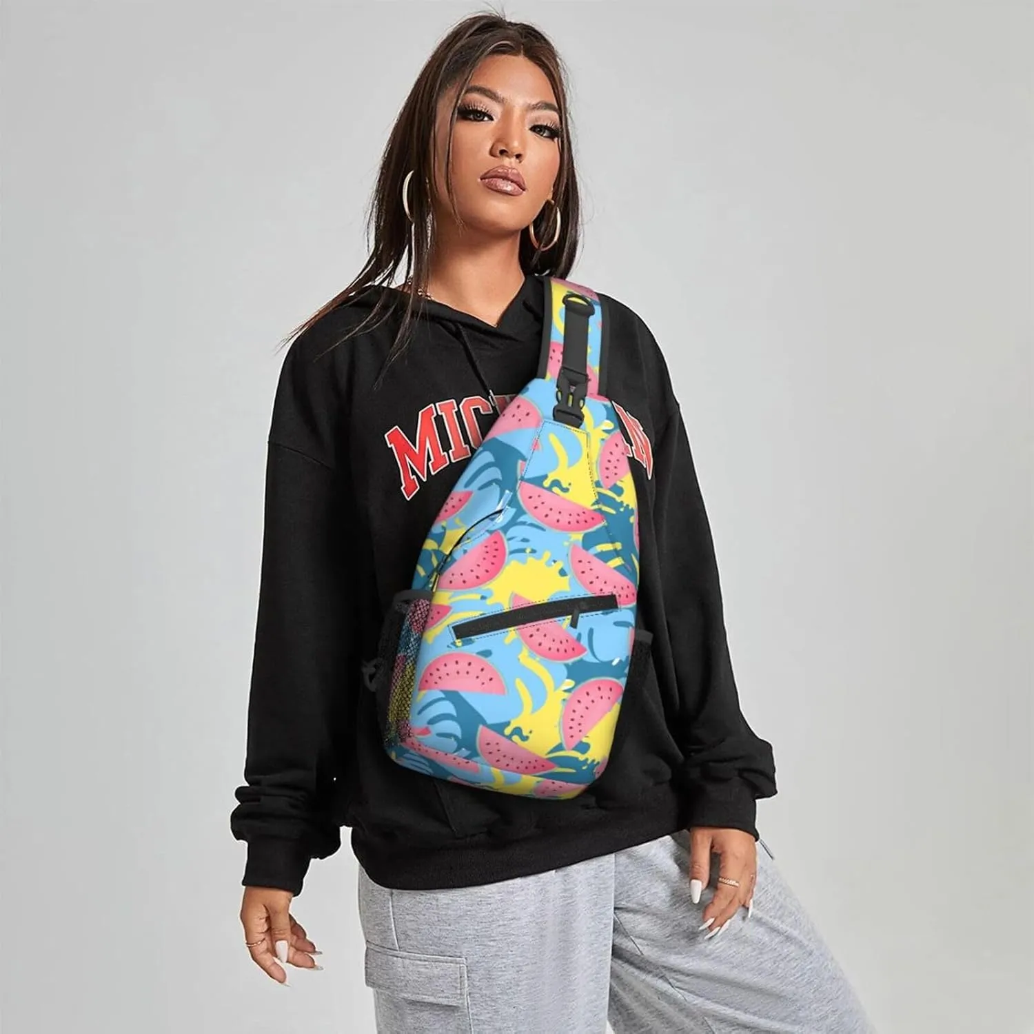 Women Juicy Watermelon Colors Leaves Crossbody Sling Backpack for Men Chest Bag Shoulder Bag Lightweight One Strap Backpack Travel Outdoor Daypack