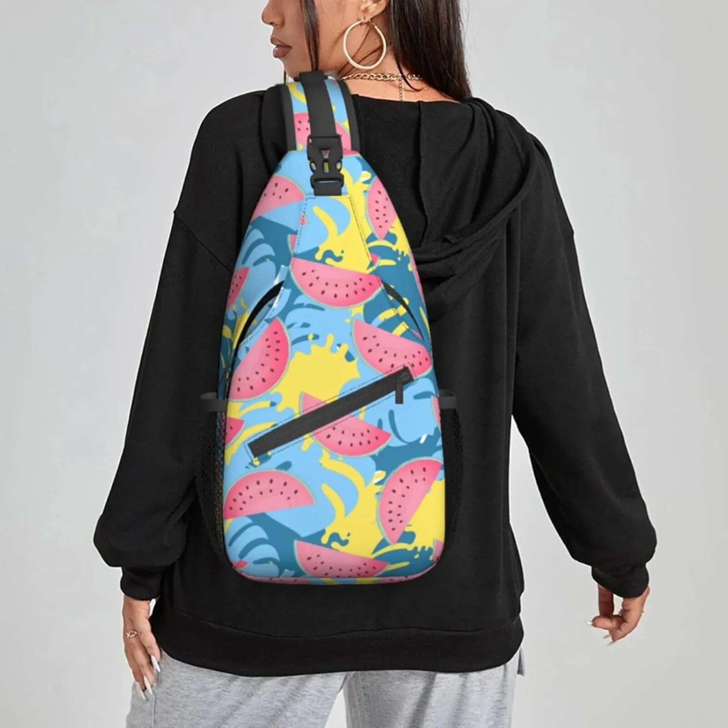 Women Juicy Watermelon Colors Leaves Crossbody Sling Backpack for Men Chest Bag Shoulder Bag Lightweight One Strap Backpack Travel Outdoor Daypack