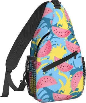 Women Juicy Watermelon Colors Leaves Crossbody Sling Backpack for Men Chest Bag Shoulder Bag Lightweight One Strap Backpack Travel Outdoor Daypack