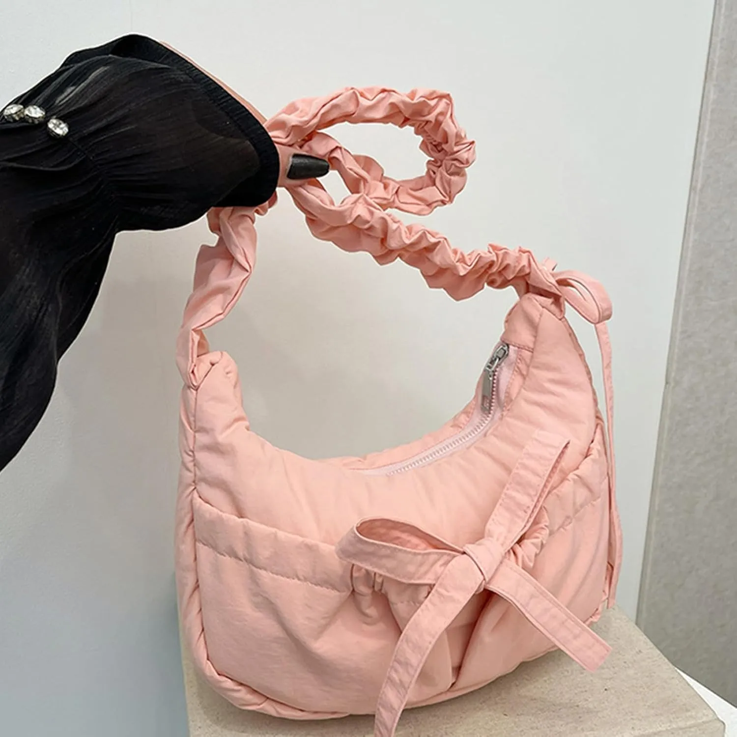 Women Shoulder Bag Lovely Bows Armpit Bag Korean Styles Messengers Bag Shopping Bag Drawstring Crossbody Bag for Daily