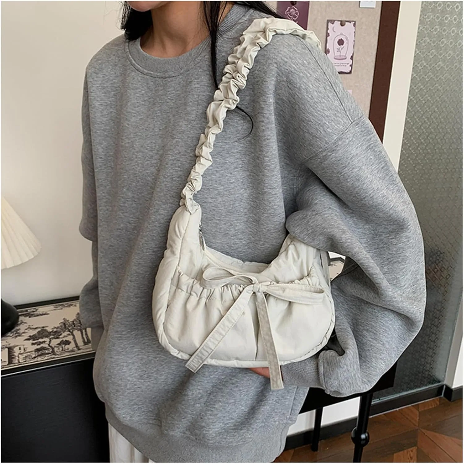 Women Shoulder Bag Lovely Bows Armpit Bag Korean Styles Messengers Bag Shopping Bag Drawstring Crossbody Bag for Daily