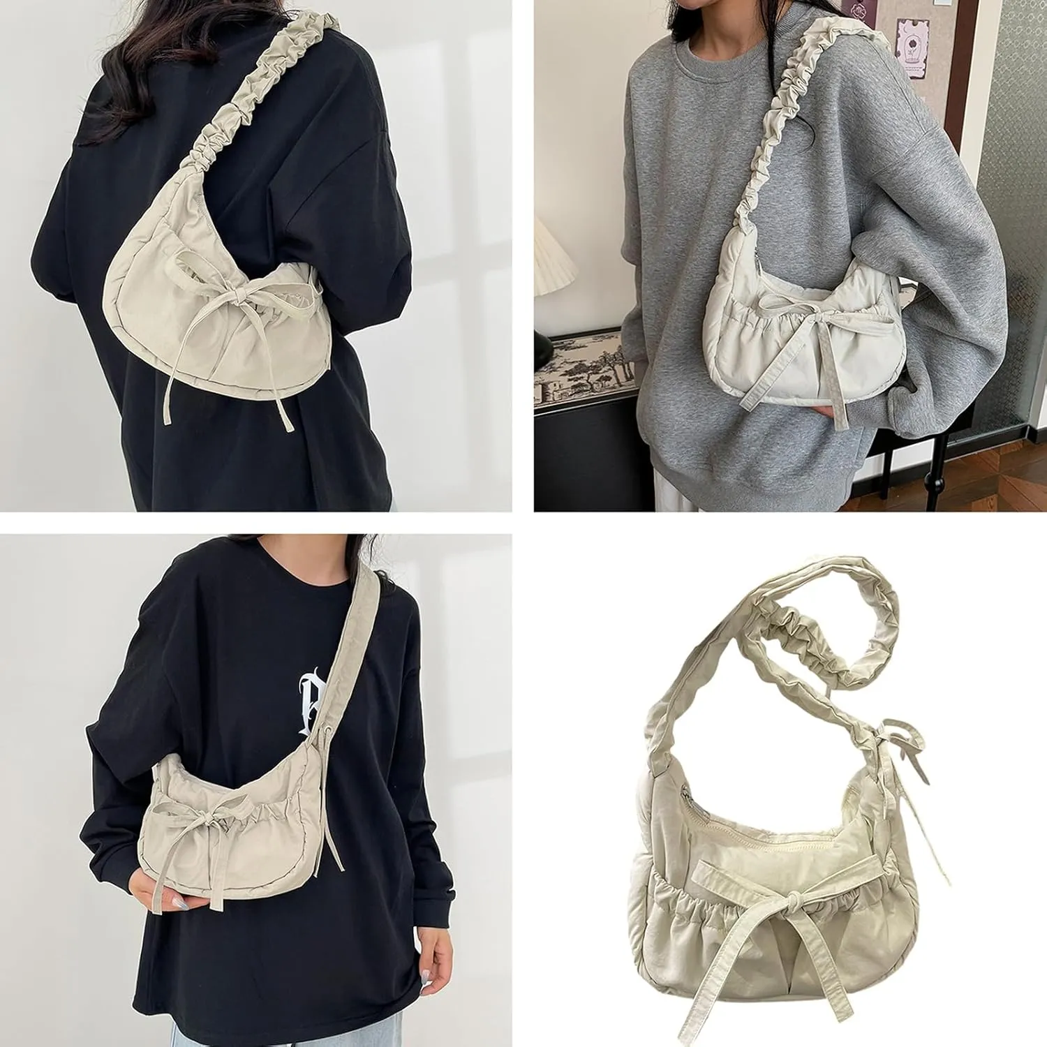 Women Shoulder Bag Lovely Bows Armpit Bag Korean Styles Messengers Bag Shopping Bag Drawstring Crossbody Bag for Daily