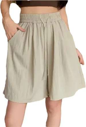 Women Silk Beach Vacation Short Pants Lady Baggy High Waisted Solid Drawstring Wide Leg Shorts