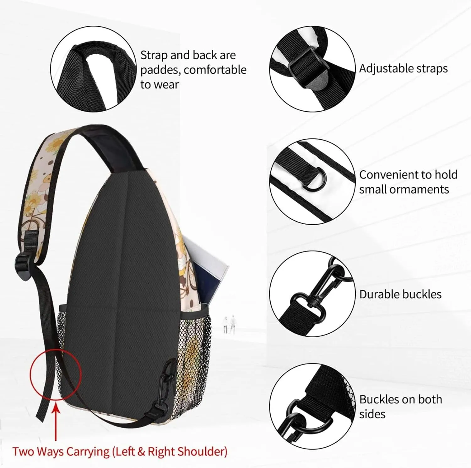 Women Vintage Gnome Sunflower Bike Crossbody Sling Backpack for Men Chest Bag Shoulder Bag Lightweight One Strap Backpack Travel Outdoor Daypack