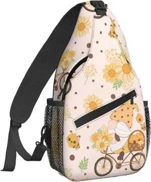 Women Vintage Gnome Sunflower Bike Crossbody Sling Backpack for Men Chest Bag Shoulder Bag Lightweight One Strap Backpack Travel Outdoor Daypack