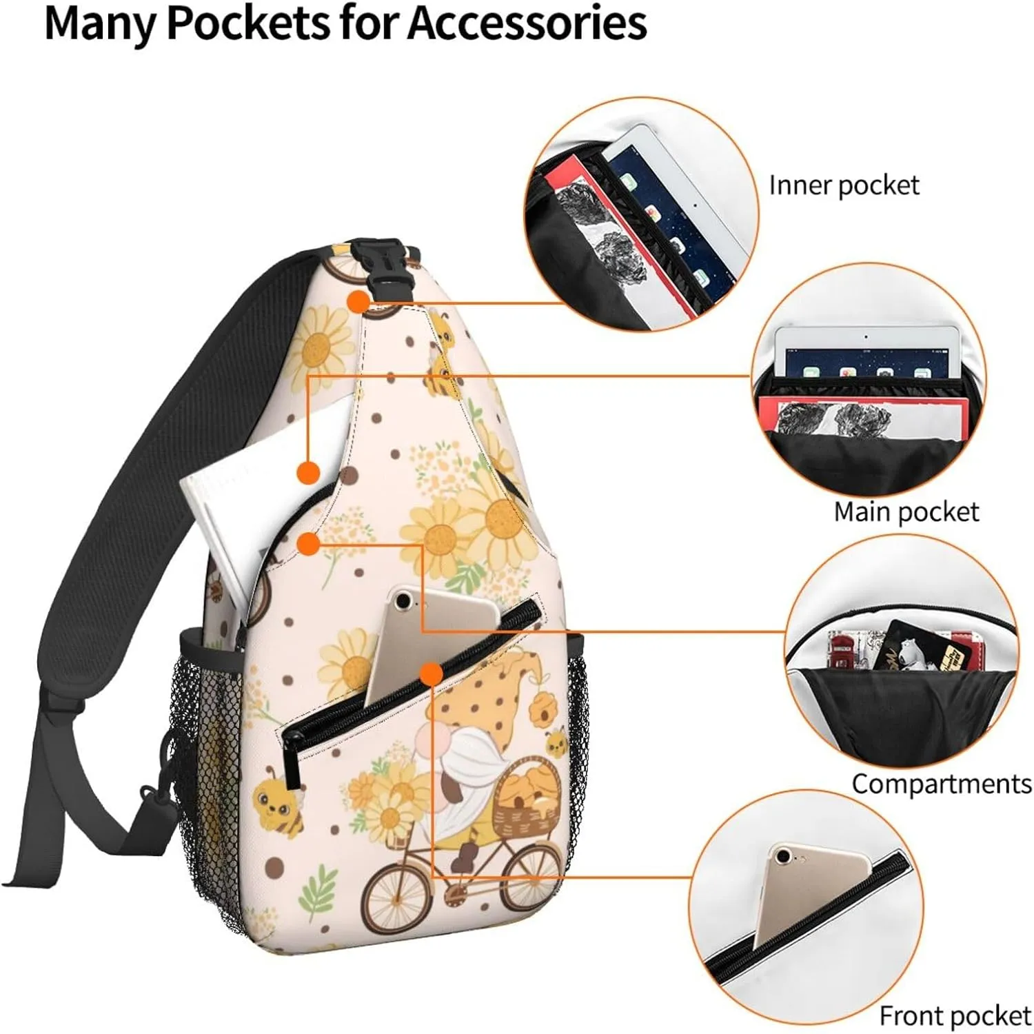 Women Vintage Gnome Sunflower Bike Crossbody Sling Backpack for Men Chest Bag Shoulder Bag Lightweight One Strap Backpack Travel Outdoor Daypack