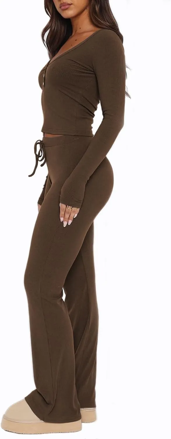 Womens 2 Piece Lounge Sets Long Sleeve Crop Tops V Neck Flare Pants Set Fall Y2k Casual Outfits