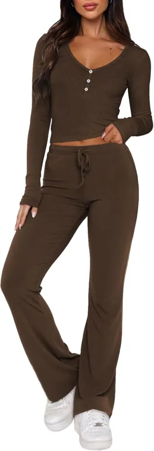 Womens 2 Piece Lounge Sets Long Sleeve Crop Tops V Neck Flare Pants Set Fall Y2k Casual Outfits