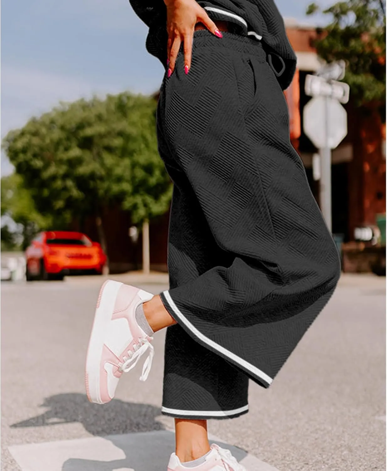 Women's 2 Piece Outfits Textured Sweatsuit 3/4 Batwing Sleeve Crew Neck Pullover Top Wide Leg Pant Tracksuit Set