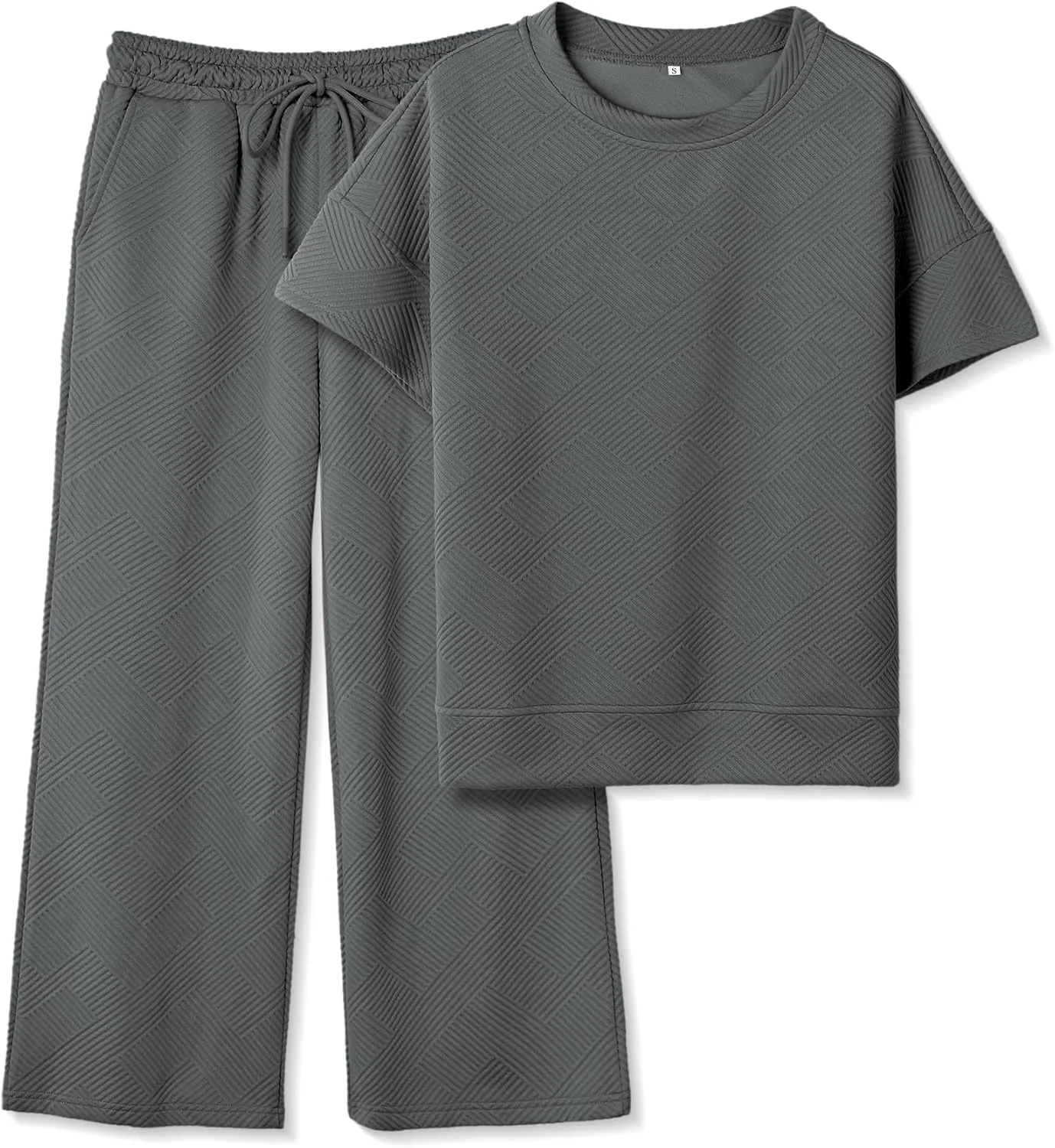 Women's 2 Piece Outfits Textured Sweatsuit 3/4 Batwing Sleeve Crew Neck Pullover Top Wide Leg Pant Tracksuit Set