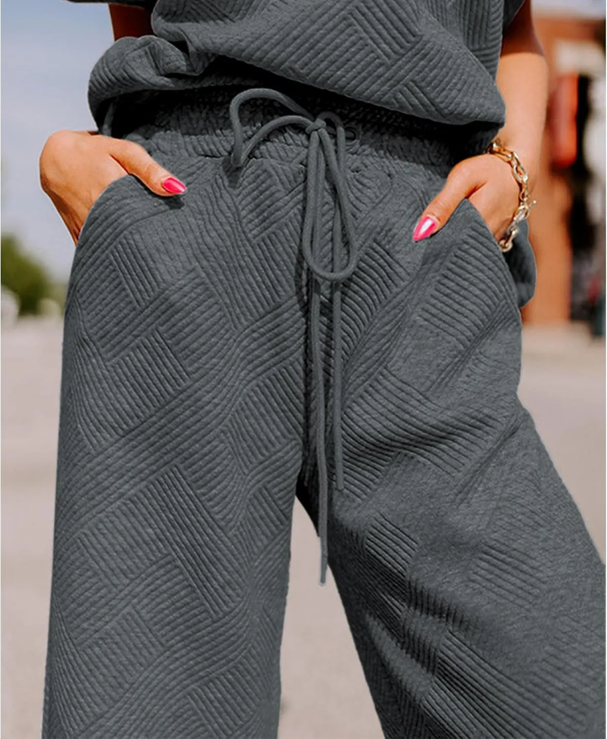 Women's 2 Piece Outfits Textured Sweatsuit 3/4 Batwing Sleeve Crew Neck Pullover Top Wide Leg Pant Tracksuit Set