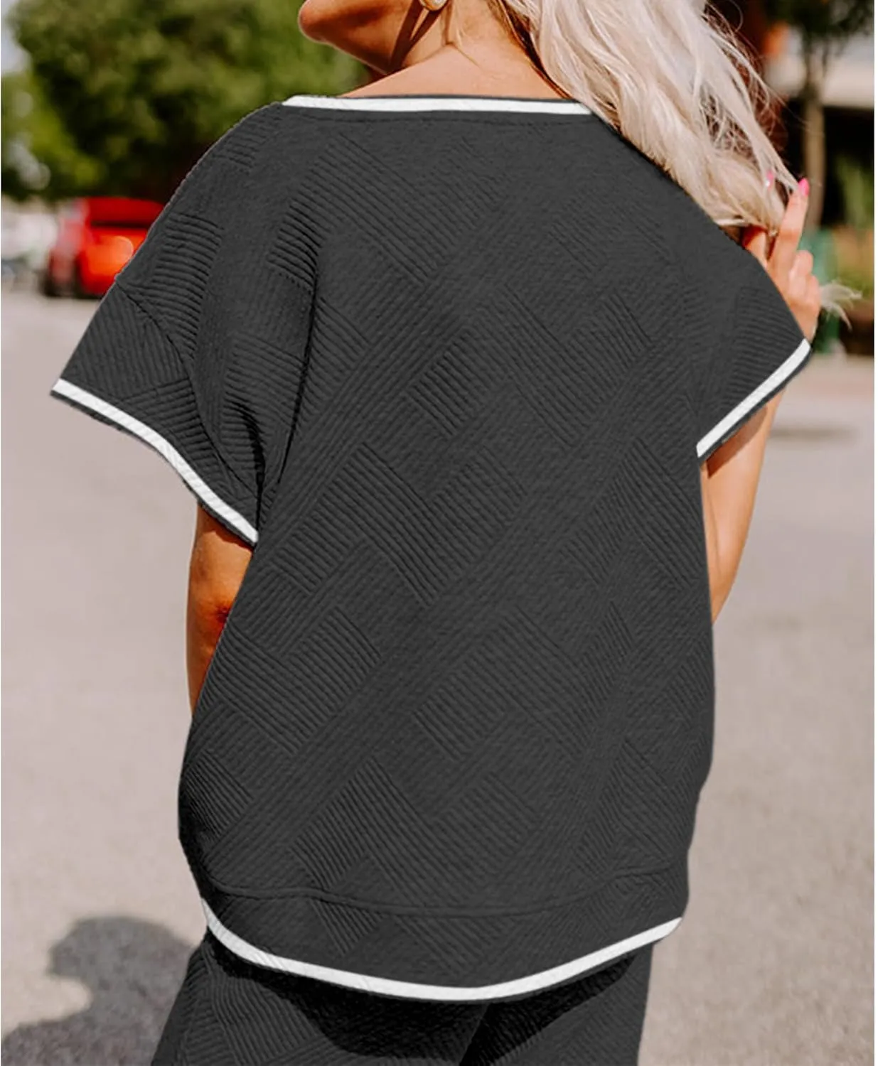 Women's 2 Piece Outfits Textured Sweatsuit 3/4 Batwing Sleeve Crew Neck Pullover Top Wide Leg Pant Tracksuit Set