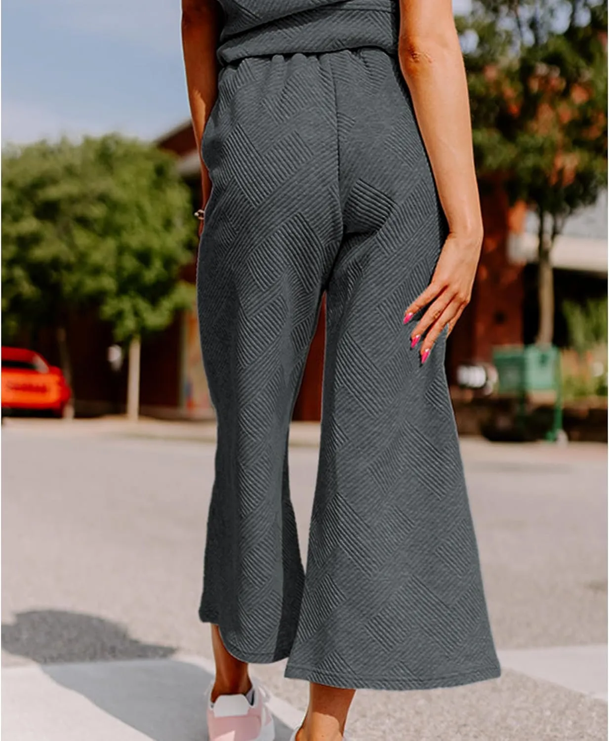 Women's 2 Piece Outfits Textured Sweatsuit 3/4 Batwing Sleeve Crew Neck Pullover Top Wide Leg Pant Tracksuit Set