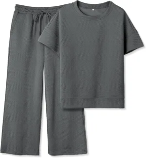 Women's 2 Piece Outfits Textured Sweatsuit 3/4 Batwing Sleeve Crew Neck Pullover Top Wide Leg Pant Tracksuit Set