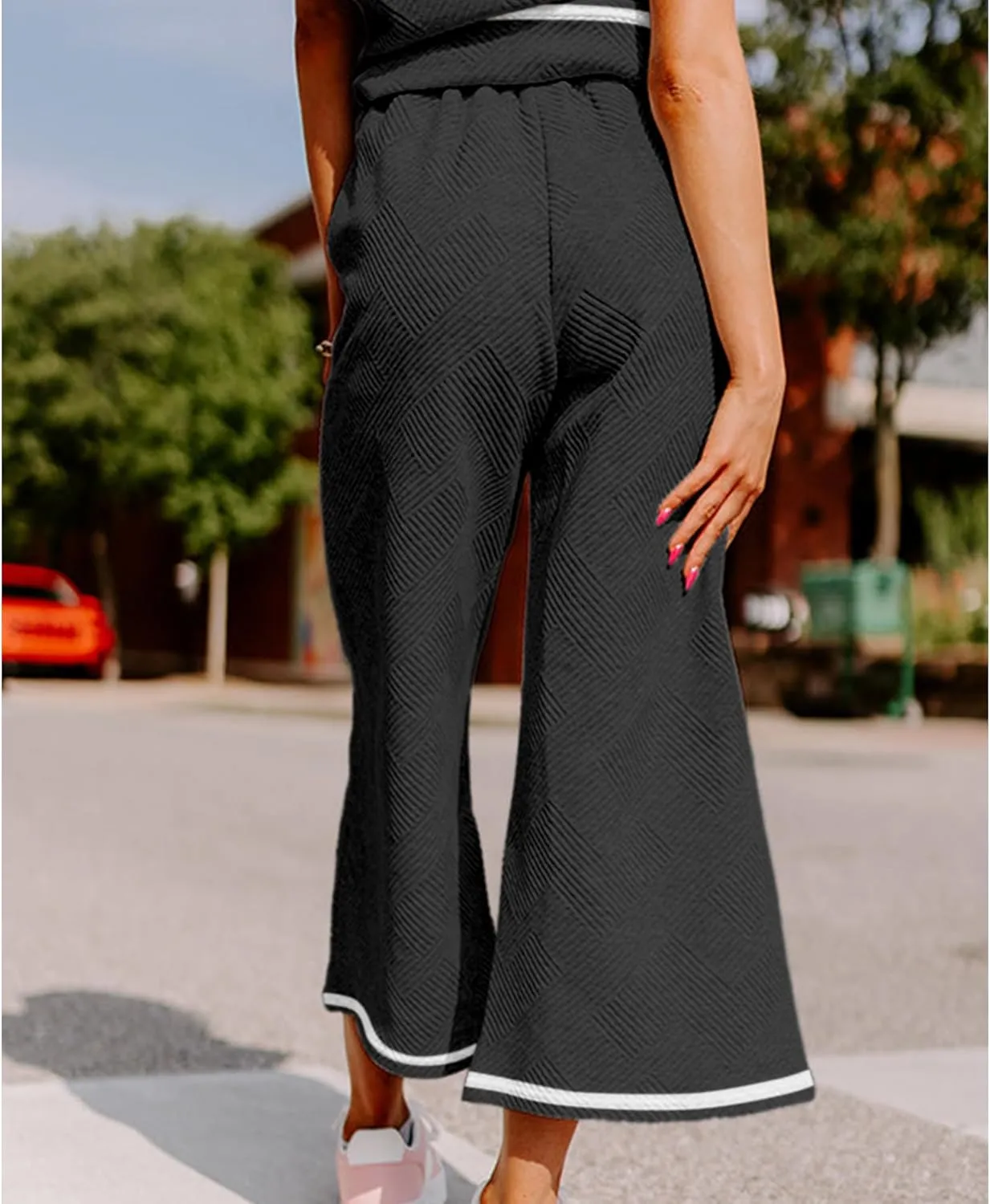 Women's 2 Piece Outfits Textured Sweatsuit 3/4 Batwing Sleeve Crew Neck Pullover Top Wide Leg Pant Tracksuit Set