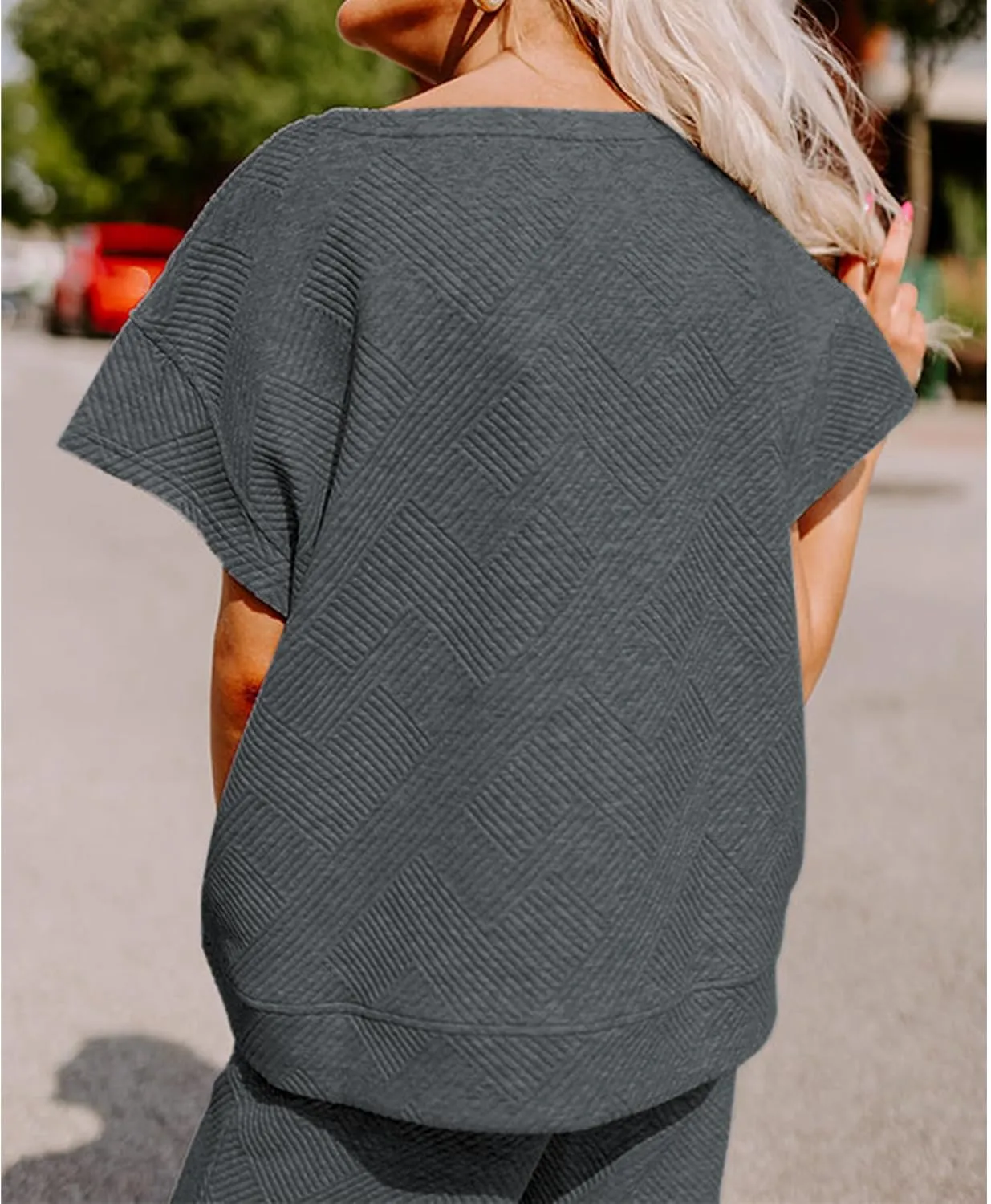 Women's 2 Piece Outfits Textured Sweatsuit 3/4 Batwing Sleeve Crew Neck Pullover Top Wide Leg Pant Tracksuit Set