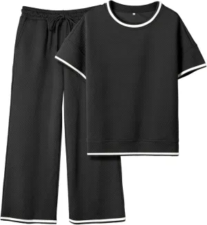 Women's 2 Piece Outfits Textured Sweatsuit 3/4 Batwing Sleeve Crew Neck Pullover Top Wide Leg Pant Tracksuit Set
