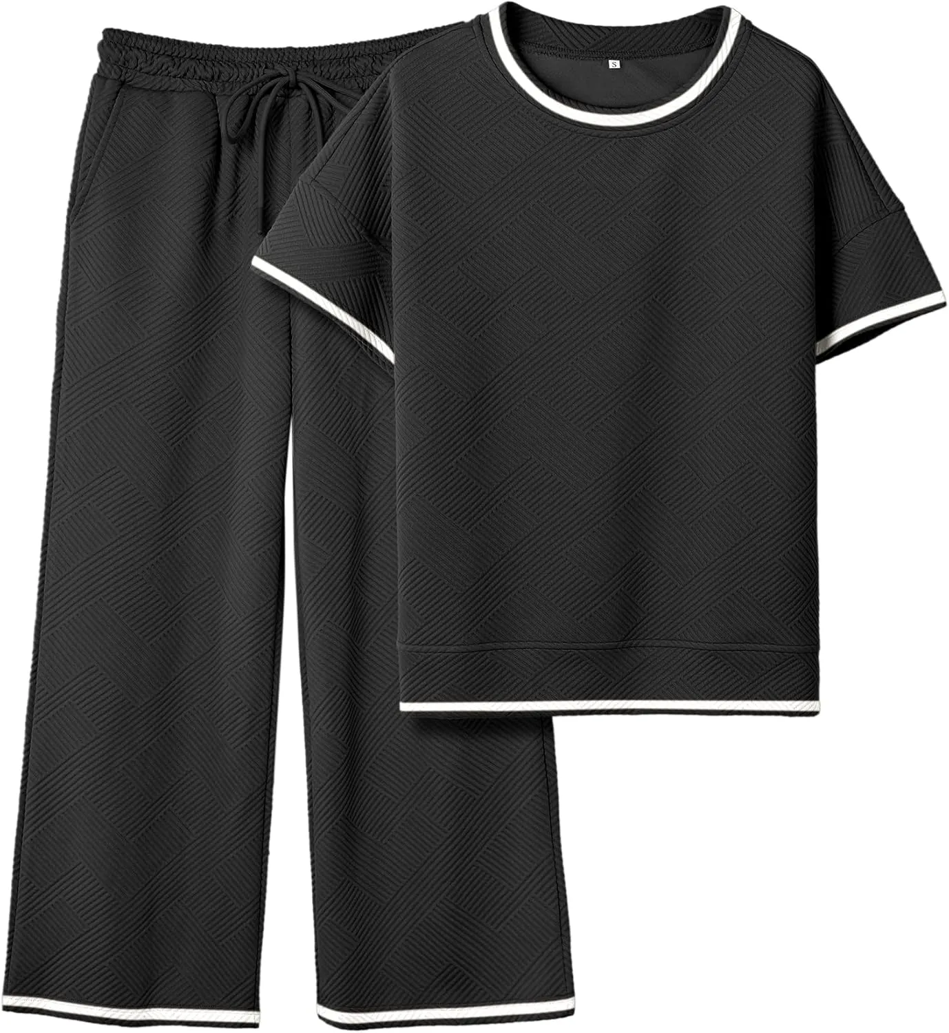 Women's 2 Piece Outfits Textured Sweatsuit 3/4 Batwing Sleeve Crew Neck Pullover Top Wide Leg Pant Tracksuit Set
