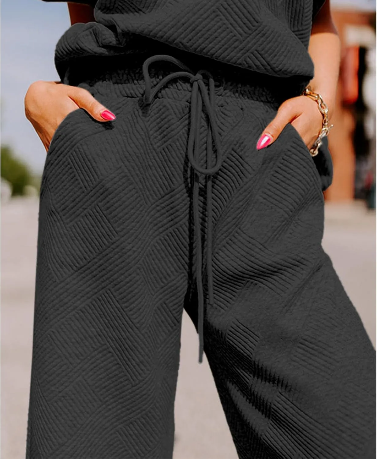 Women's 2 Piece Outfits Textured Sweatsuit 3/4 Batwing Sleeve Crew Neck Pullover Top Wide Leg Pant Tracksuit Set