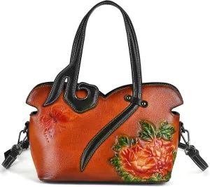Women's Bag - Real Women's Leather Handbag - Handmade, Unique Embossed Cowhide, Floral Design, Vintage Tote
