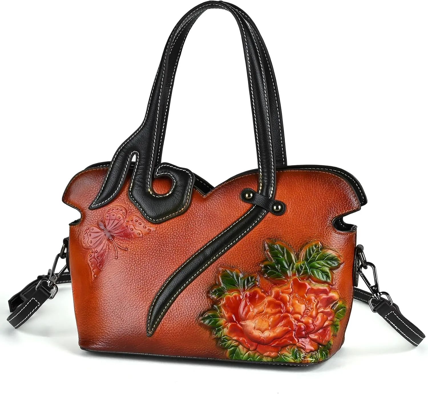 Women's Bag - Real Women's Leather Handbag - Handmade, Unique Embossed Cowhide, Floral Design, Vintage Tote