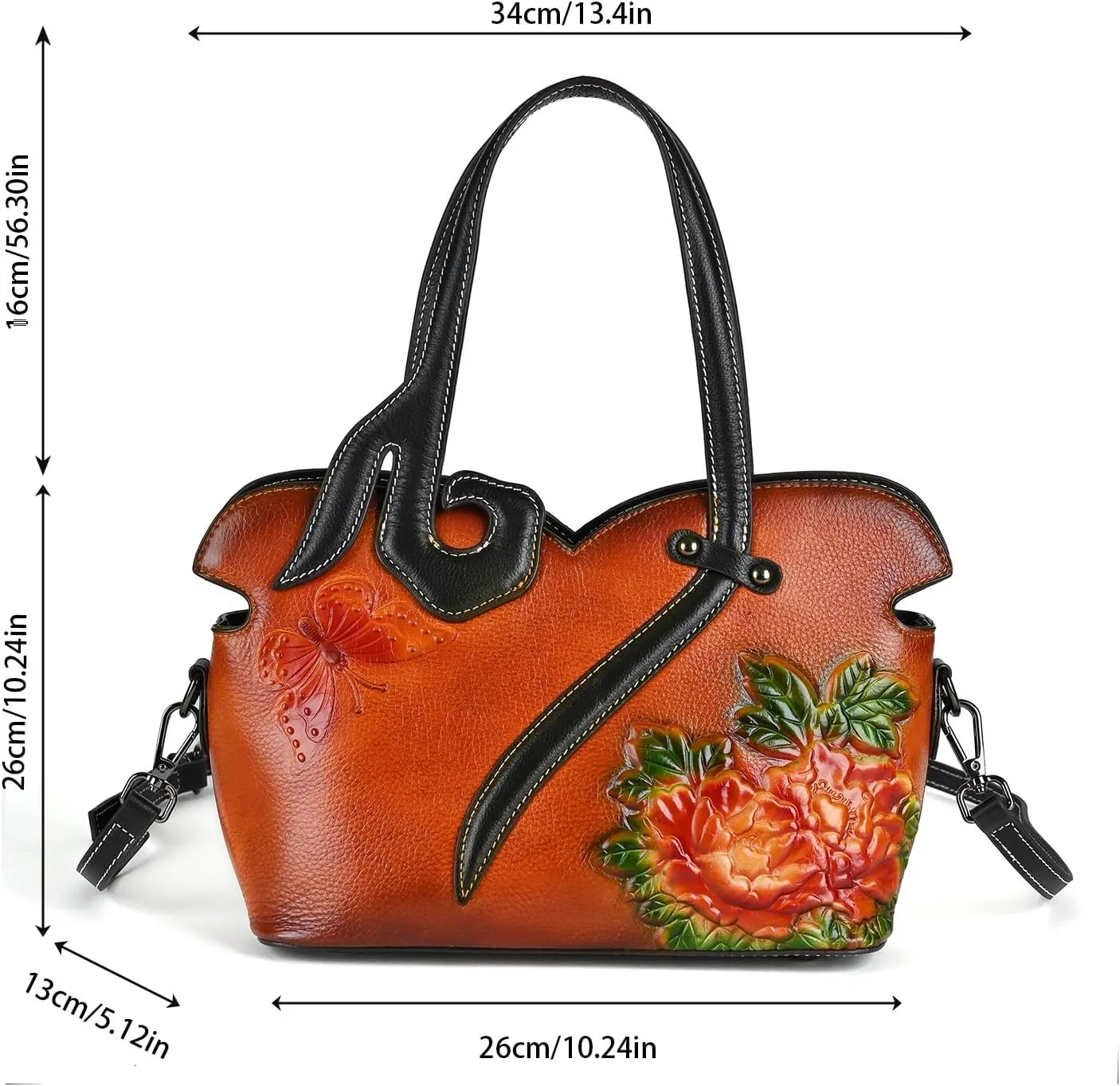 Women's Bag - Real Women's Leather Handbag - Handmade, Unique Embossed Cowhide, Floral Design, Vintage Tote